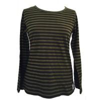 Fair Trade 100% Cotton Classic Stripey Green / Black Ladies Long Sleeve Fitted T Shirt