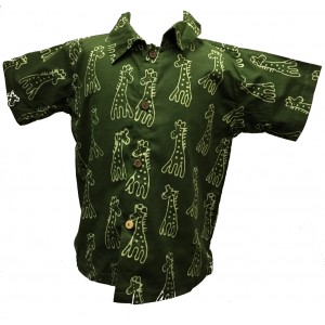 Boys Dark Green Classic Giraffe Design Short Sleeve Shirt Ages 1 - 5 - Fair Trade