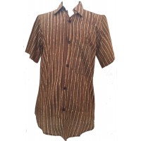 Light Brown / Dark Brown Striped Blockprint Cotton Mens Short Sleeve Shirt - Fair Trade