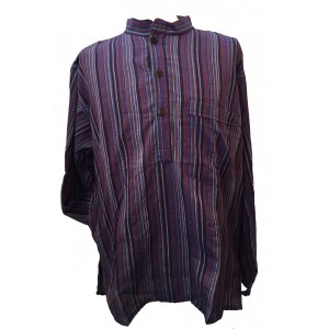 Purple / Blue / Red Striped 100% Cotton Collarless Grandad Shirt - Fairtrade