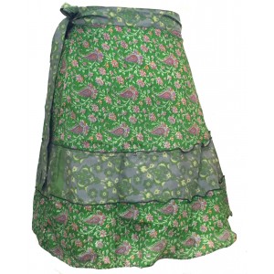 Fair Trade Short Sari Silk  Reversible Tiered Wrap Skirt - Shades of Green Design
